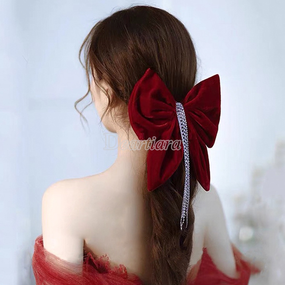 Kẹp Tóc Nơ Tua Rua Chất Liệu Nhung Đính Đá Màu Đỏ Rượu Thời Trang