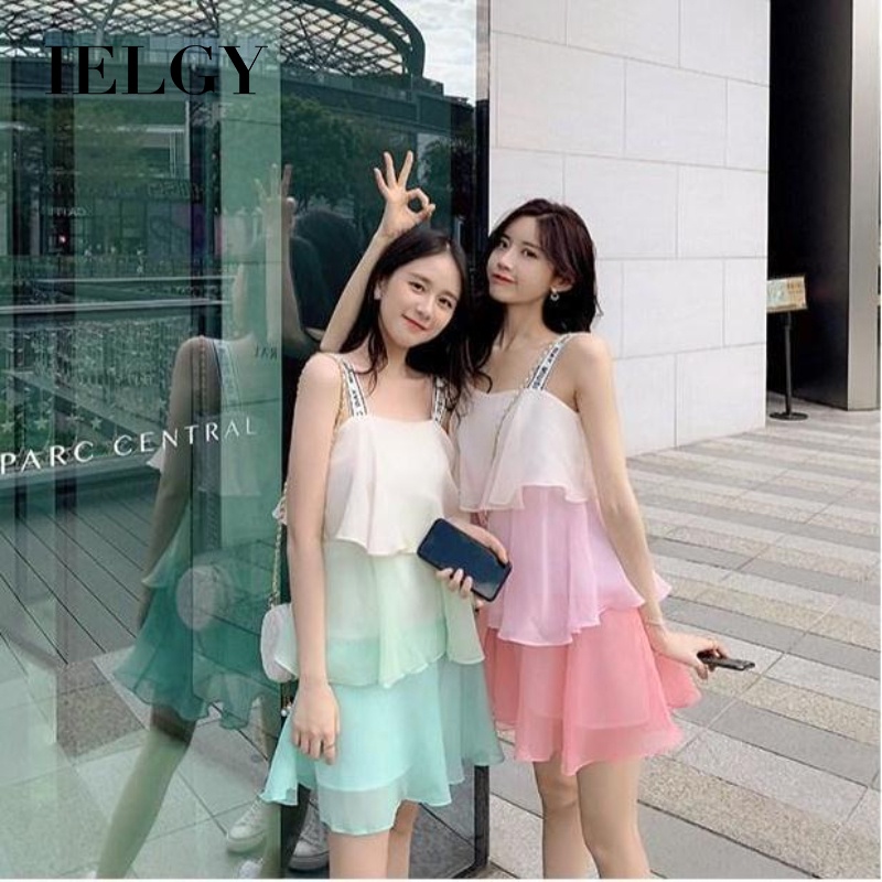 Đầm xếp tầng hai dây IELGY màu gradient phong cách Hàn Quốc thời trang mùa hè cho nữ