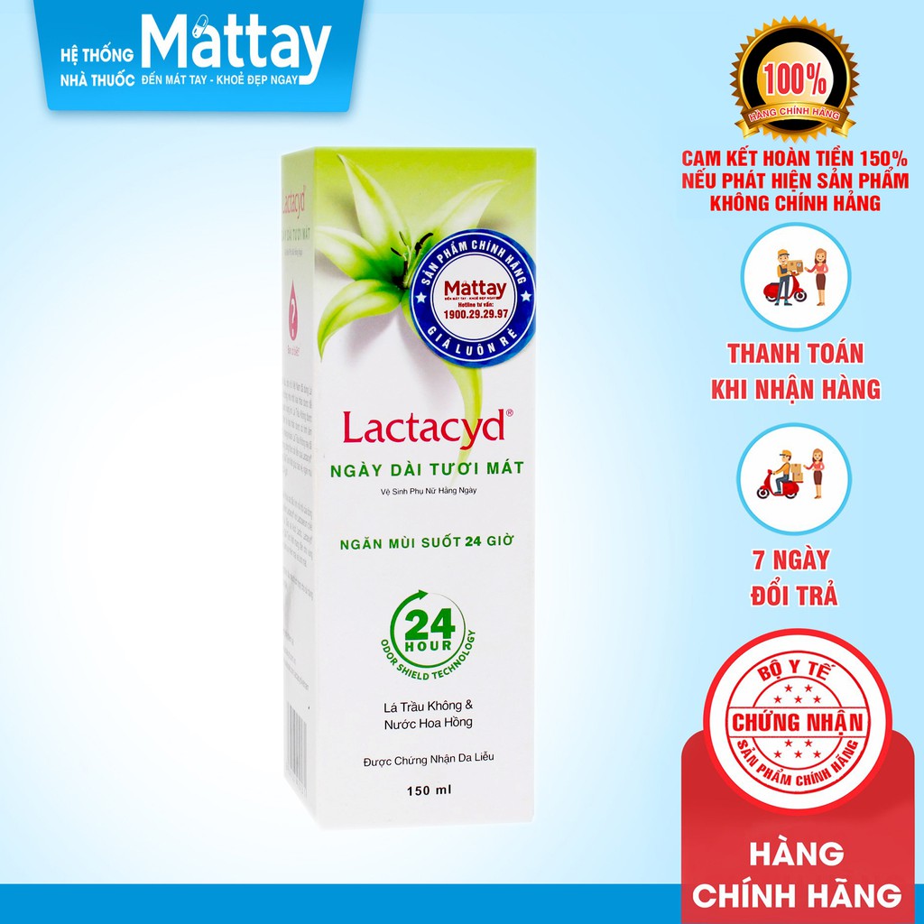 Lactacyd Ngày Dài Tươi Mát - Chai 150ml - Làm Sạch Vùng Kín, Ngăn Mùi Suốt 24 Giờ