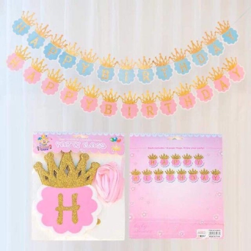 Dây chữ sinh nhật happy birthday hình vuơng miện kim tuyến lấp lánh màu pastel xanh hồng