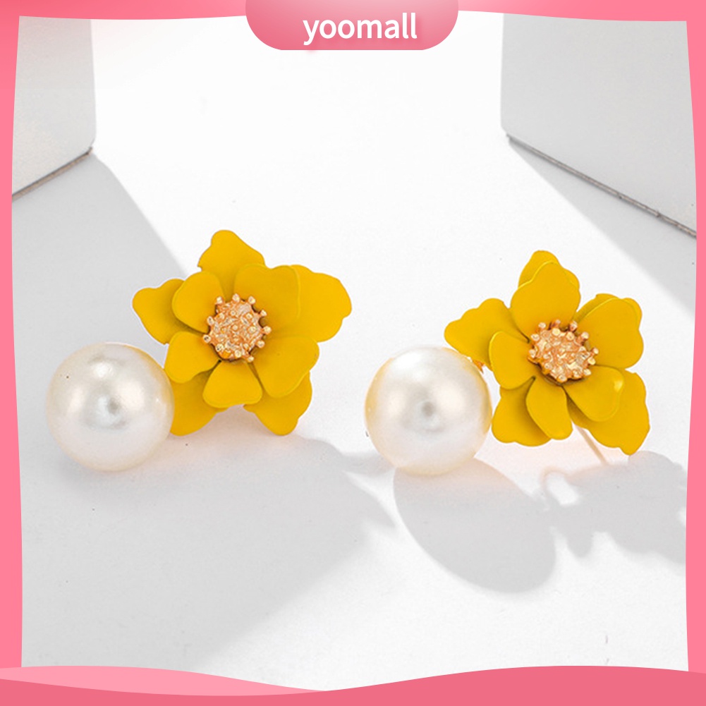 Yomall♡ Đôi Bông Tai Mặt Hoa Đính Ngọc Trai Nhân Tạo Thời Trang