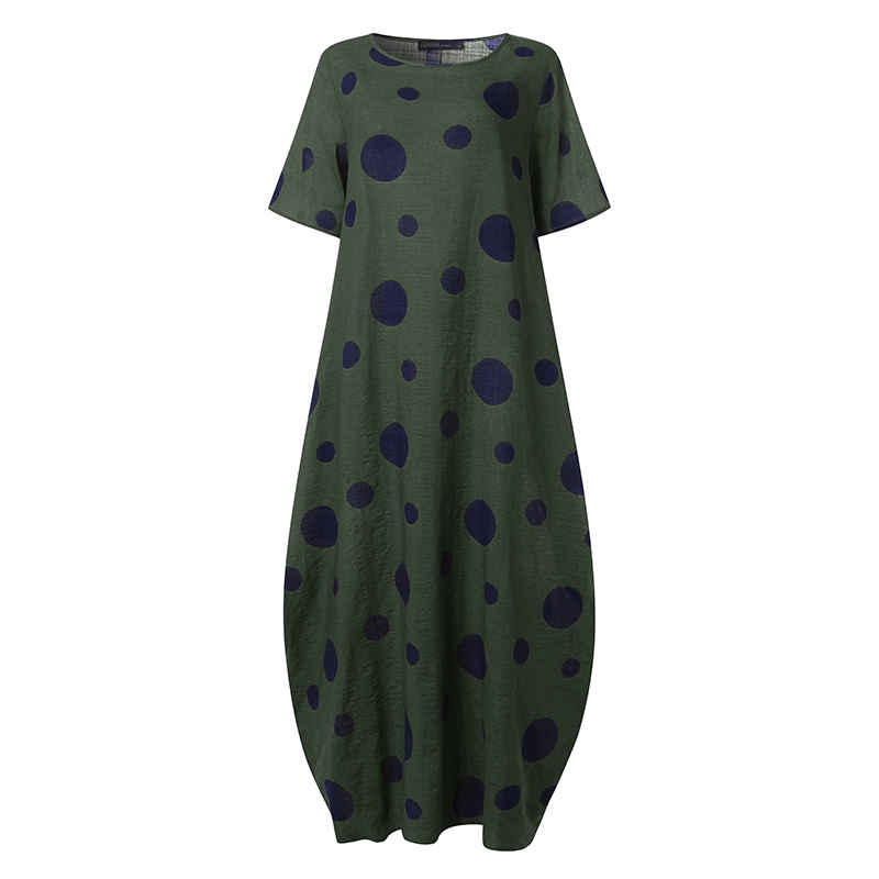 ZANZEA  Đầm Maxi Họa Tiết Chấm Bi Phong Cách Retro