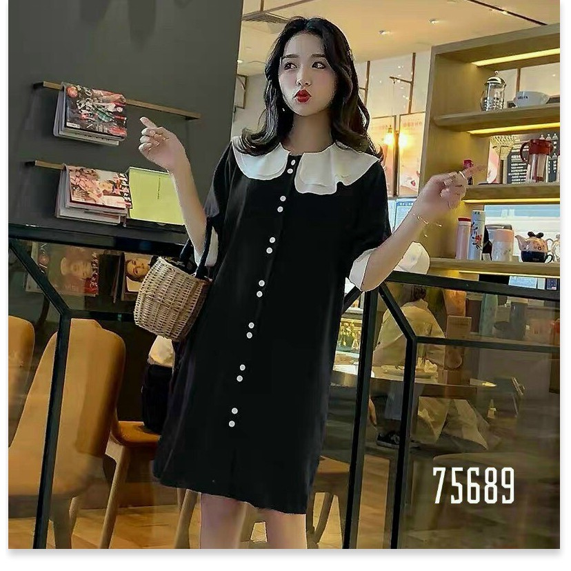 ĐẦM SUÔNG NỮ PHỐI BÈO CỔ ĐÍNH NÚT THỜI TRANG SIÊU XINH