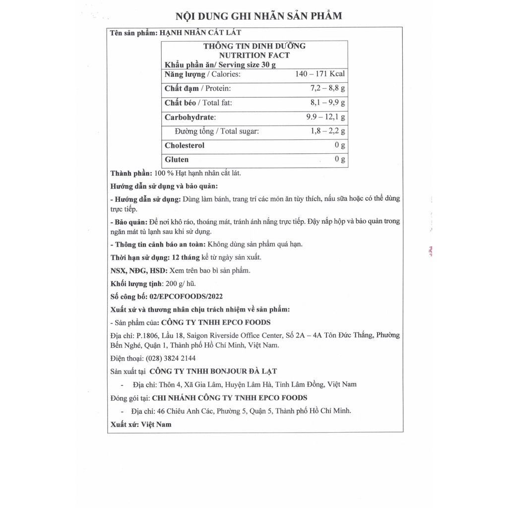 Hạnh Nhân Mỹ Cắt Lát EPCO FOODS  100% Tự Nhiên Không Chất Bảo Quản