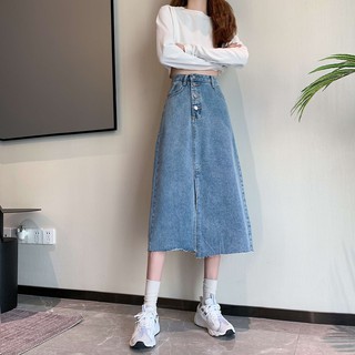 Chân váy jean dài, dáng chữ A có nút, xẻ trước/ Váy bò denim