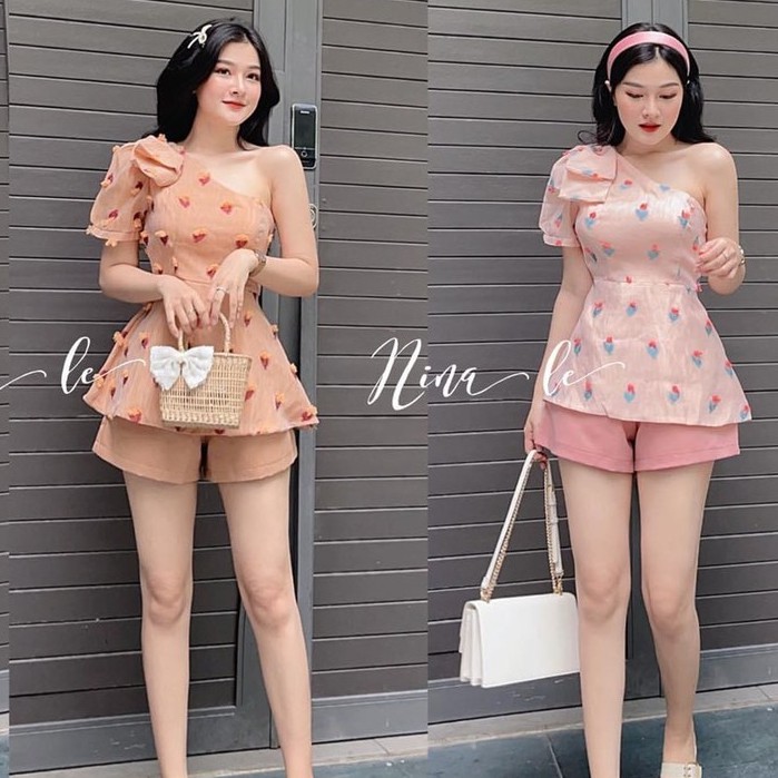 Sét Bộ Áo 1 Vai Đũi Lụa In KTS Phối Quần Chéo Nhung Màu Sắc Nhã Nhặn