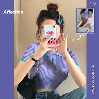 【Differentgirl】Áo croptop dệt kim tay ngắn cổ polo dễ phối đồ thời trang cho nữ