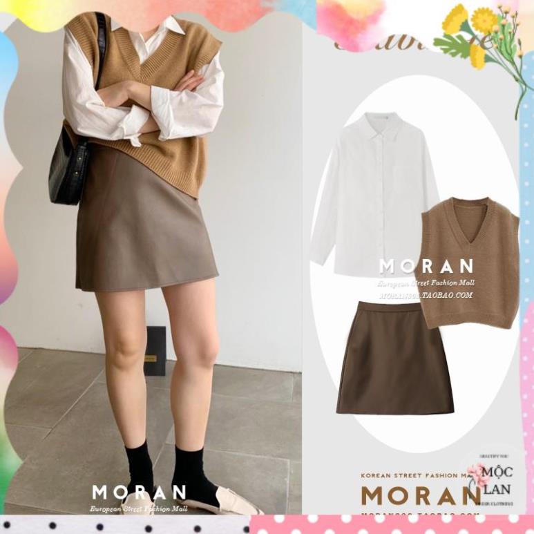 Chân váy da màu nâu cạp cao dáng chữ A style MORAN công sở Hàn Quốc năng động ( HÀNG_MỚI )