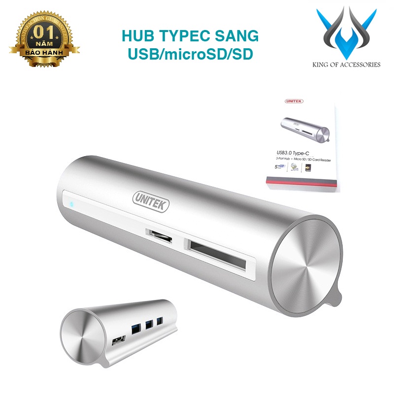 Hub đa năng Unitek Y-3094 từ typeC ra USB 3.0/ thẻ nhớ microSD/ thẻ nhớ SD - hỗ trợ tốc độ lên đến 5Gbps (Trắng)