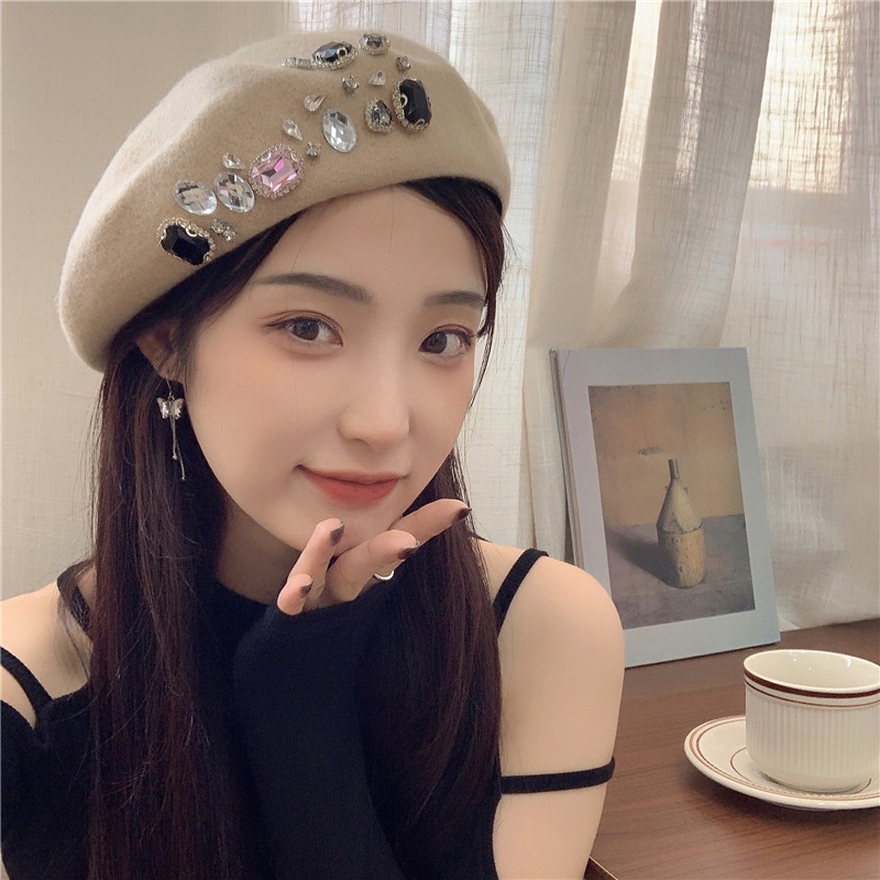 Mũ Beret Len Đính Đá Thời Trang Thu Đông Phong Cách Vintage Mới 2022