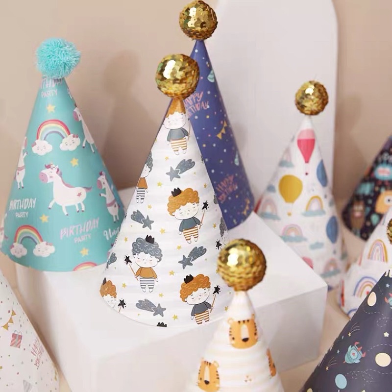 Mũ giấy sinh nhật hoạ tiết hoạt hình cho bé