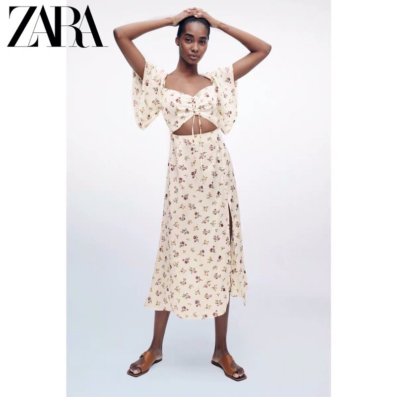 Đầm maxi liền hoa xẻ đùi croptop tay loe Zara new best seller 2021