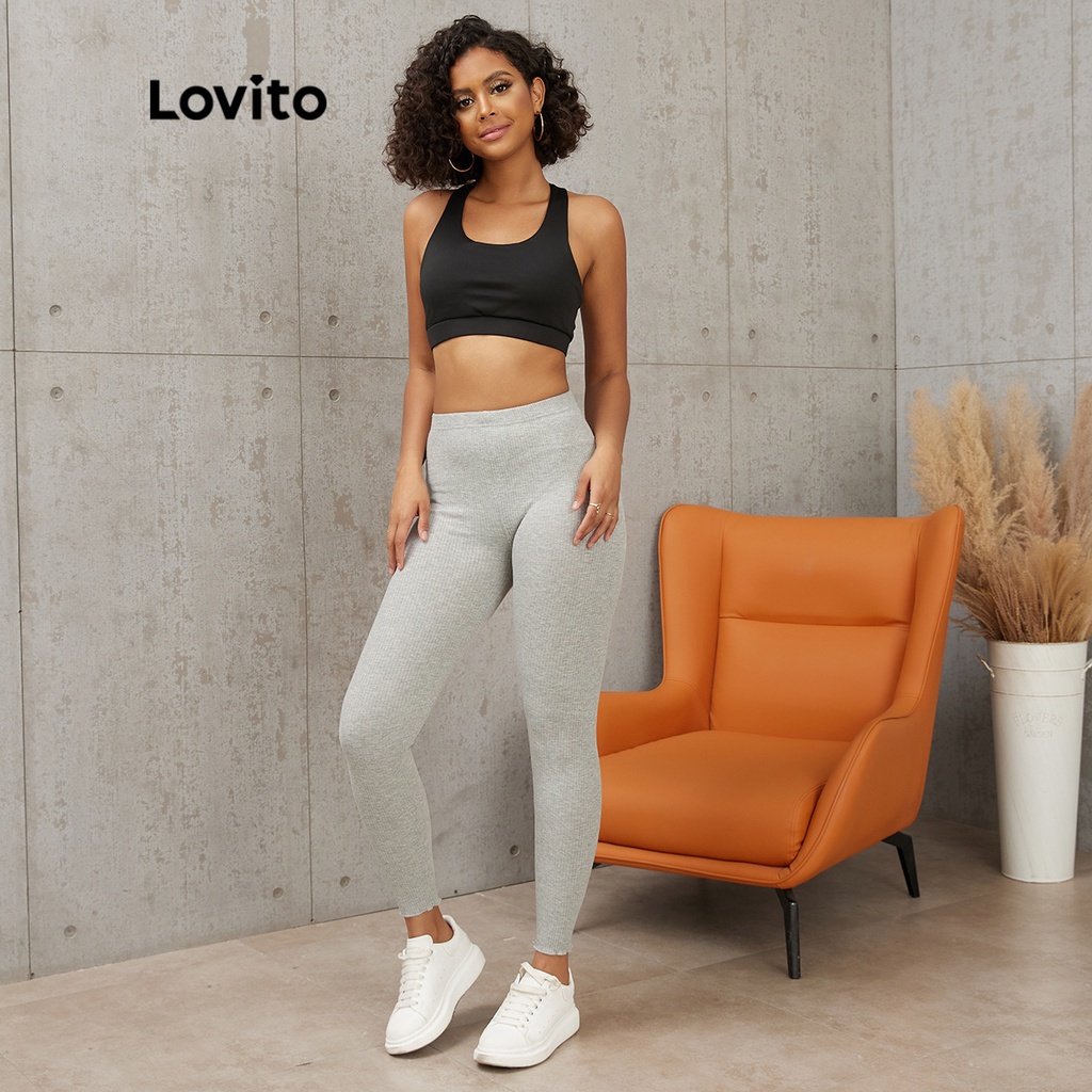 Quần legging Lovito diềm gân đan cạp phong cách thường ngày L17X285 (Xám nhạt / Đen)