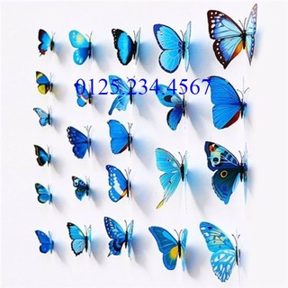 Decal dán tường Bướm 3D xanh dương viền đen ( bộ 12 con)