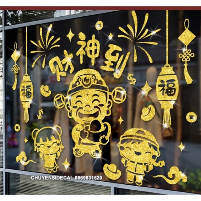 Decal dán Tết - Thần Tài và các bạn nhũ Vàng