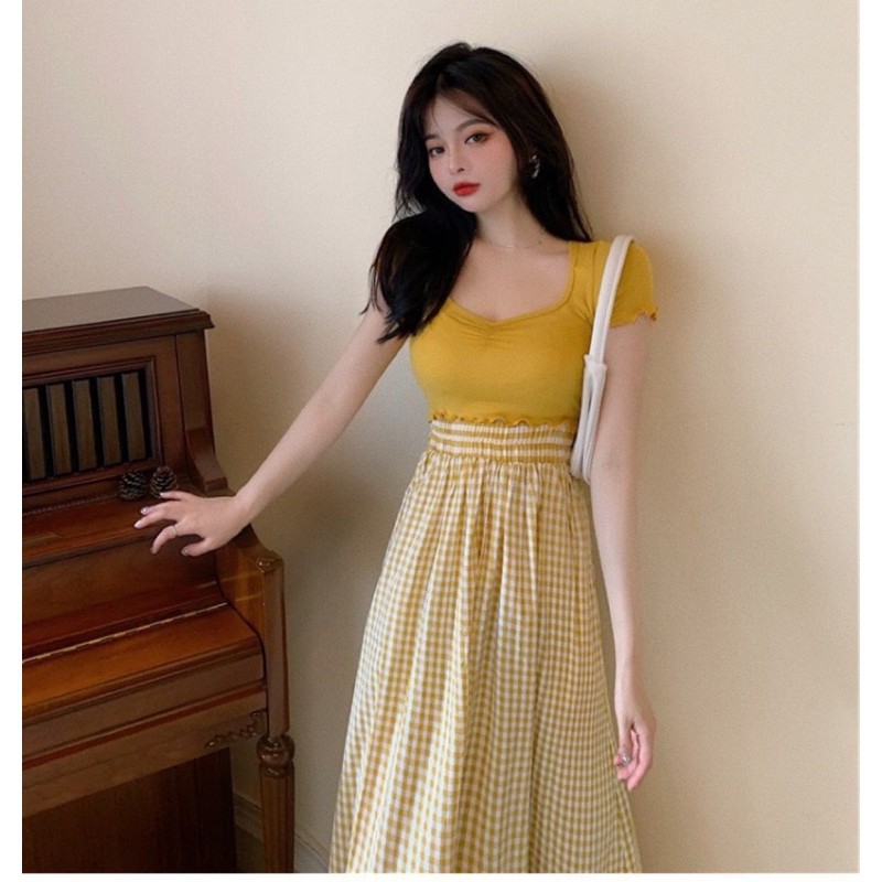 Set Váy Nữ, Set áo thun mix chân váy caro xoè hàng Qc loại 1 | BigBuy360 - bigbuy360.vn