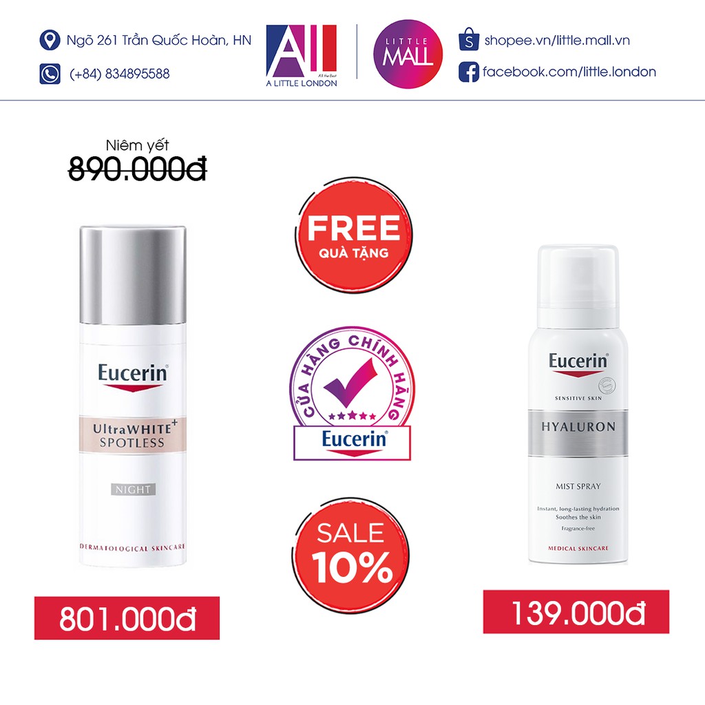 Kem dưỡng trắng da ngày/đêm Eucerin ultrawhite+ spotless 50ml TẶNG xịt dưỡng ẩm Eucerin (Nhập khẩu)