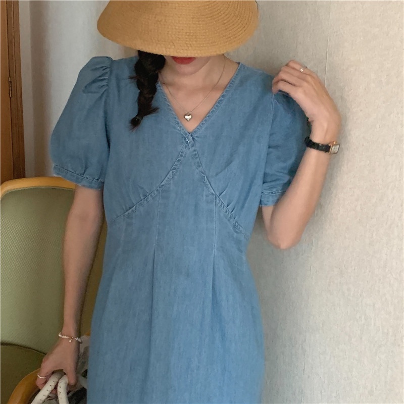 Đầm Denim Dáng Ôm Cổ Chữ V Thắt Eo Thời Trang Dành Cho Nữ 51273