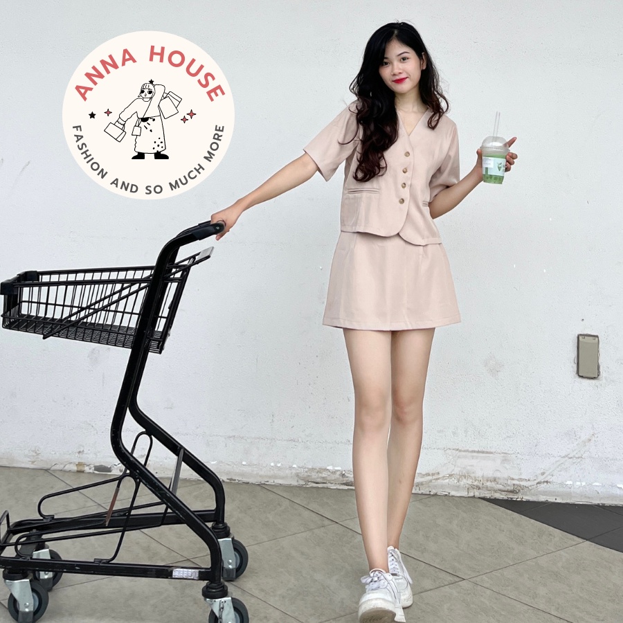 Set đồ nữ áo croptop cổ tim kèm chân váy ngắn chữ A, set áo sơ mi ngắn dáng croptop cổ V vest tay ngắn phối chân váy