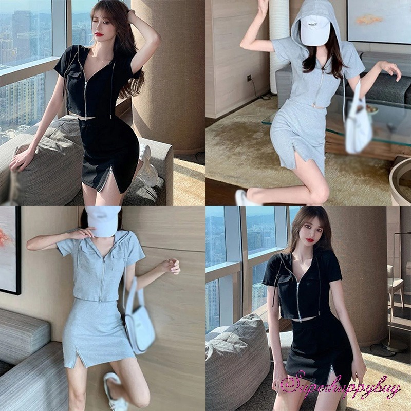Set Đồ Thể Thao Gồm Áo Thun Tay Ngắn Màu Trơn + Chân Váy Xẻ Tà Thời Trang Mùa Hè Dành Cho Nữ