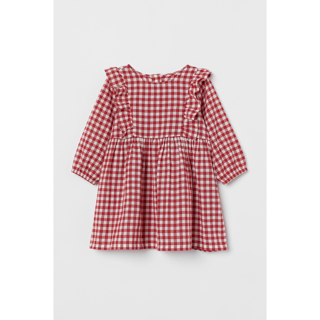 Váy cotton - Váy len công chúa dài tay cho bé gái kẻ caro hồng