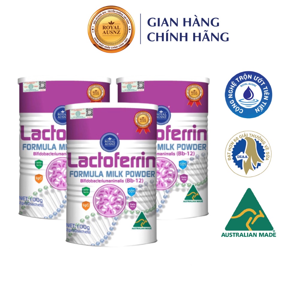 Combo 3 Hộp Sữa Bột ROYAL AUSNZ Lactoferrin Formula Milk BB-12 Tăng Cường Sức Đề Kháng Cho Trẻ 100g/hộp