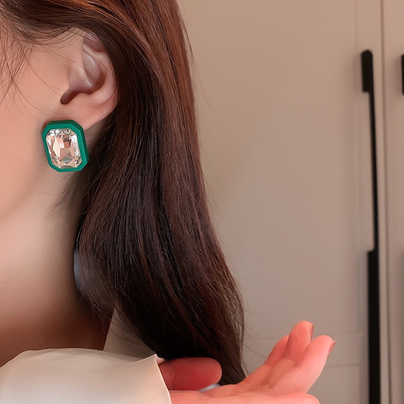 Bông tai bạc 925 hình học đính kim cương giả phong cách retro Hàn Quốc