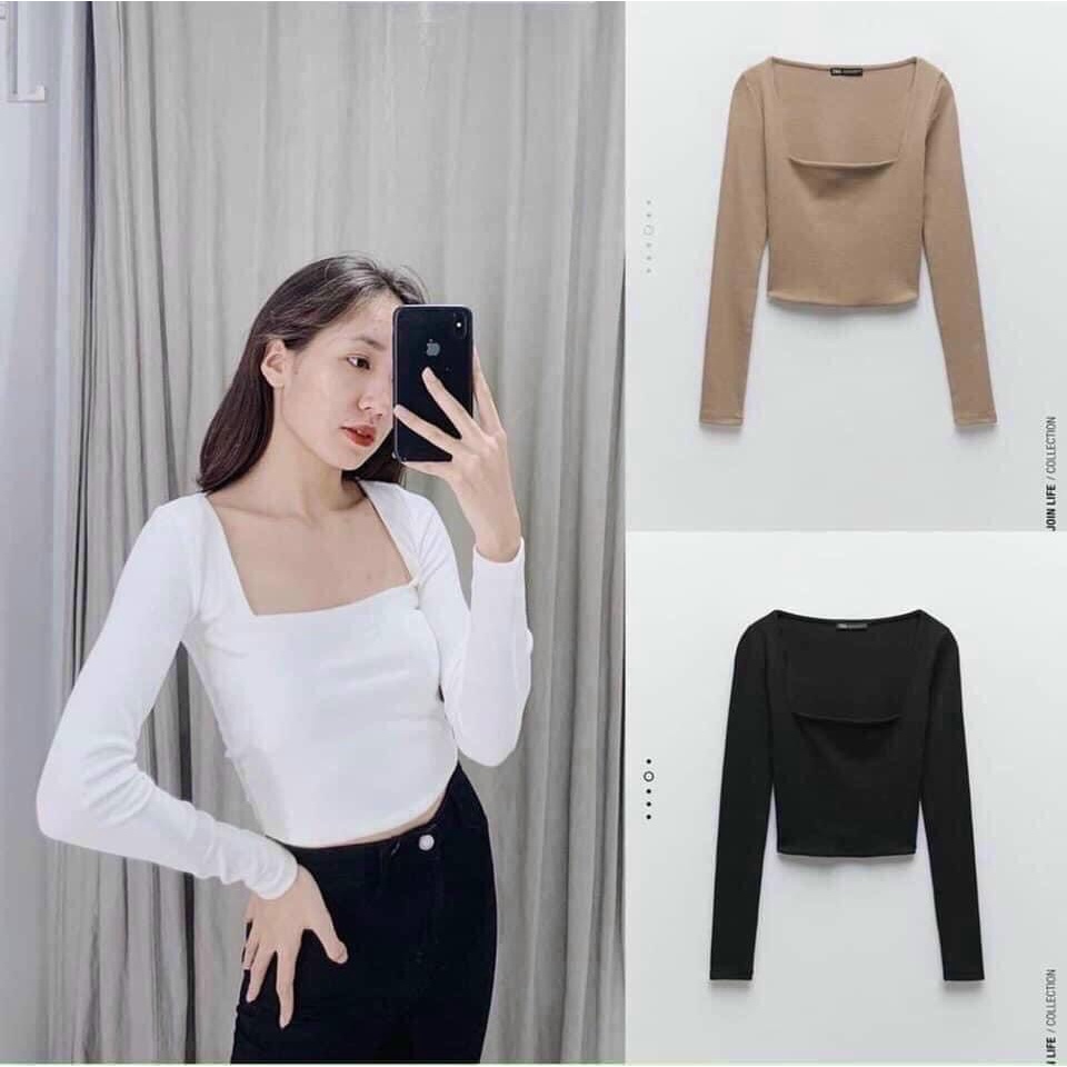 Áo croptop cổ vuông nữ cổ vuông dài tay vải tăm co giãn
