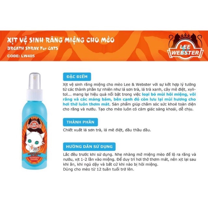 Xịt vệ sinh răng miệng cho mèo Lee &amp;Webster chai 130ml (001174)