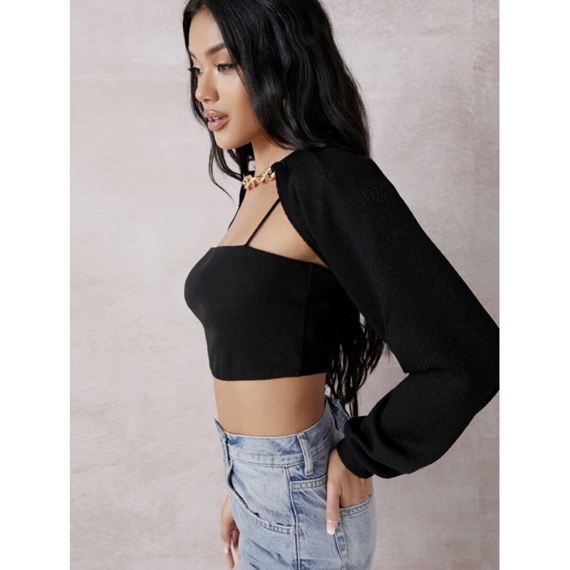 Áo Croptop Khoét Cổ Phối Choker Xích Cá Tính