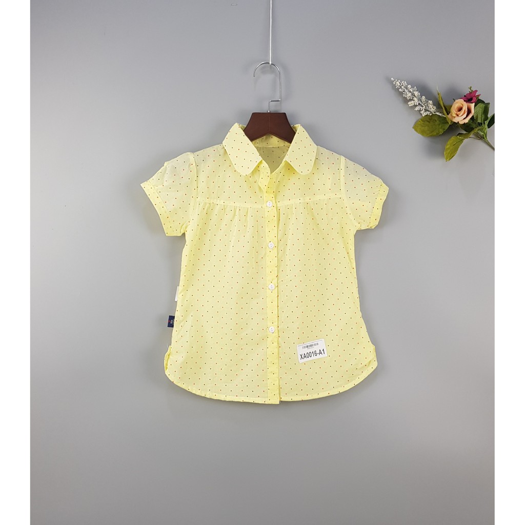 XA0016-A1 - Áo sơ mi bé gái , thô , cộc tay , chấm bi , màu vàng , hiệu HT, size nhỡ 6t-12t , ri7 - Hàng Made In Vietnam