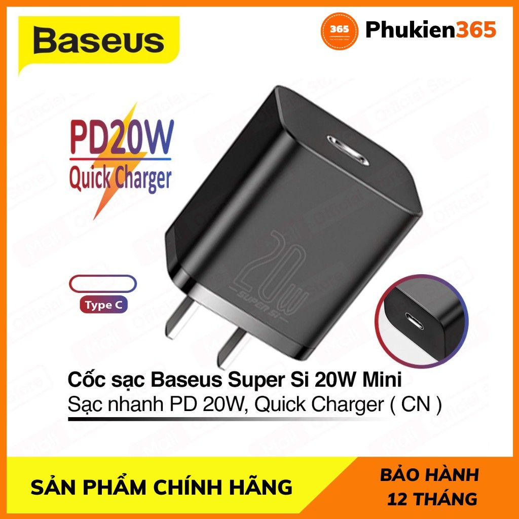 Củ sạc nhanh 20w iPhone Hỗ trợ sạc nhanh QC 3.0 Thiết kế nhỏ gọn Chính Hãng Baseus