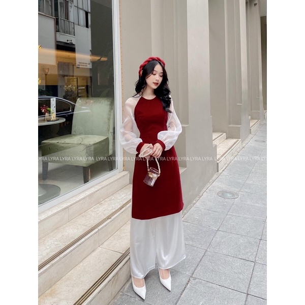 Áo dài đỏ phối tay voan tơ bồng kèm mấn siêu xinh | BigBuy360 - bigbuy360.vn