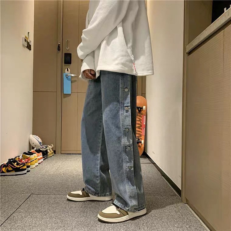 Quần Jeans nam ống suông phối cúc 2 màu xanh, đen