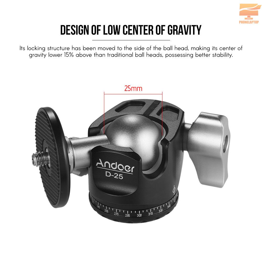 Andoer D-25 CNC Machining Aluminum Alloy Double Notch Ball Head Mini Ballhead Low Center of Gravity for Manfrotto etc Tripod Monopod for Canon Nikon Sony DSLR ILDC Cameras Max Load Capacity 10kg