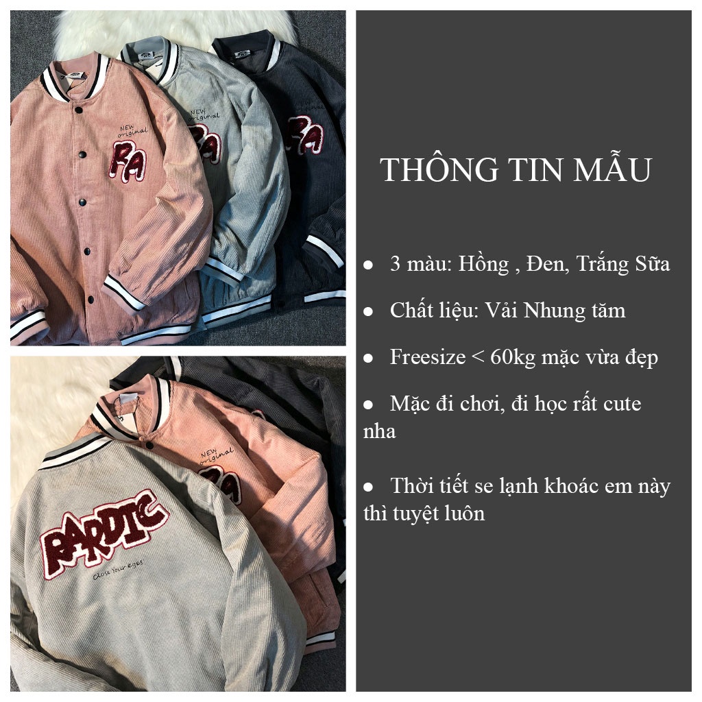 Áo khoác bomber RA chất nhung tăm form rộng cá tính _ VIETCEN