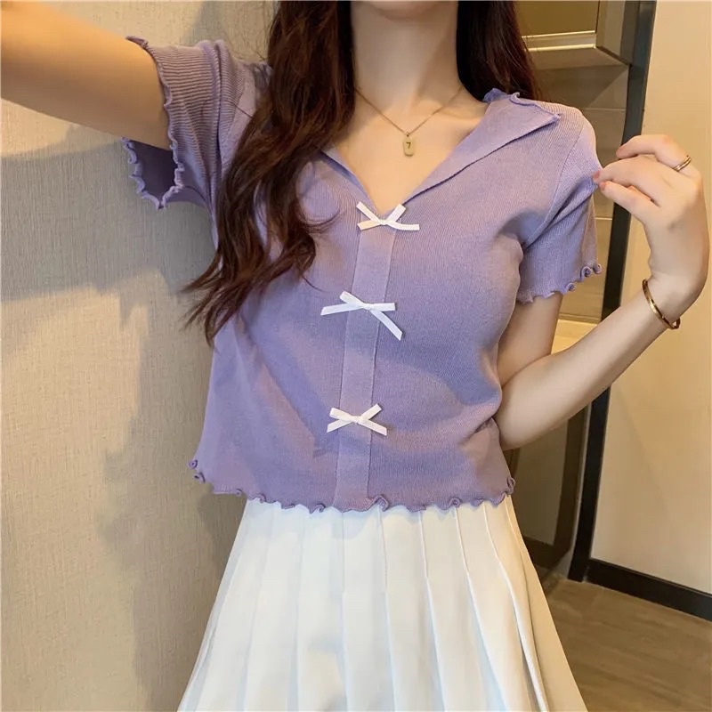 Áo Dệt Kim Nữ Màu Đen Tím Trắng Xanh Có Nơ Cổ Sơ Mi Ngắn Tay Co Dãn Chất Mongtoghi Loại 1 Style Hàn Quốc