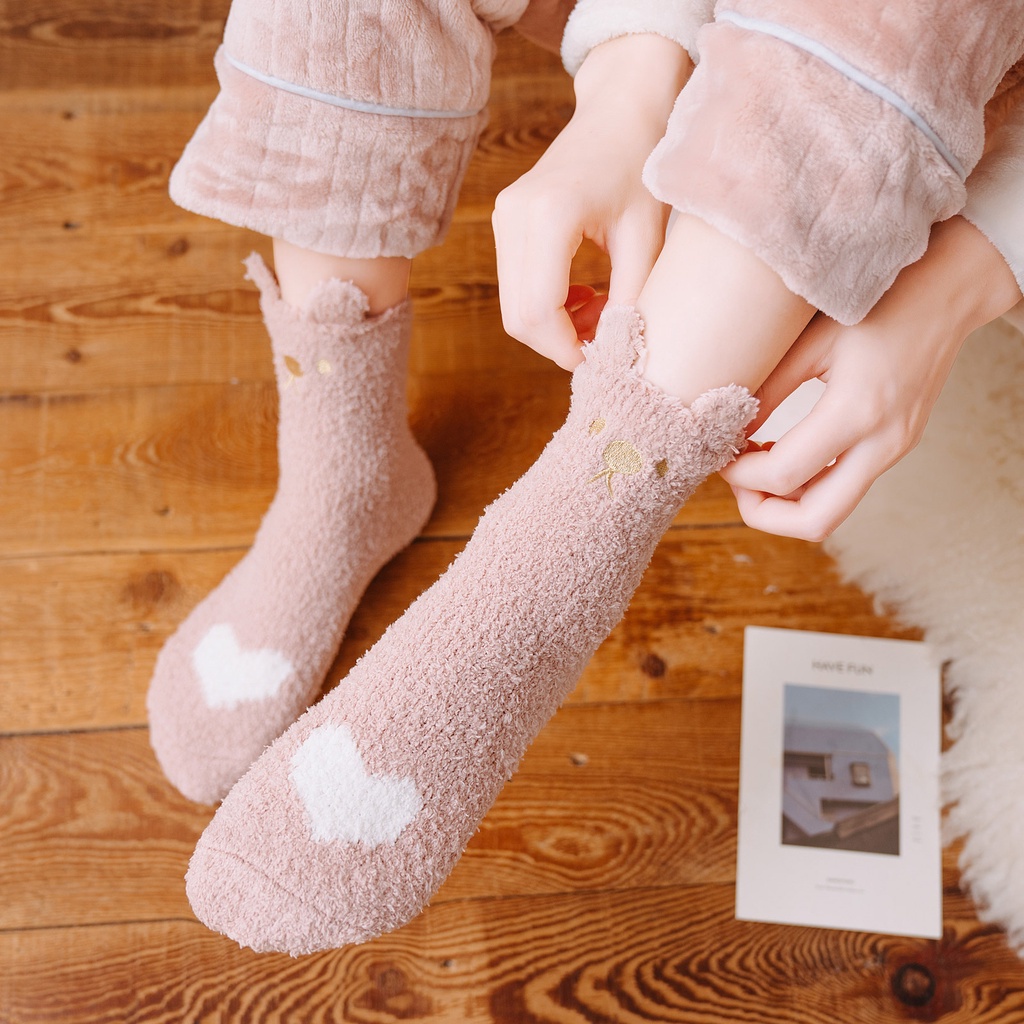 1 Đôi Tất Lông Cừu San Hô Giữ Ấm Hình Hoạt Hình Đáng Yêu