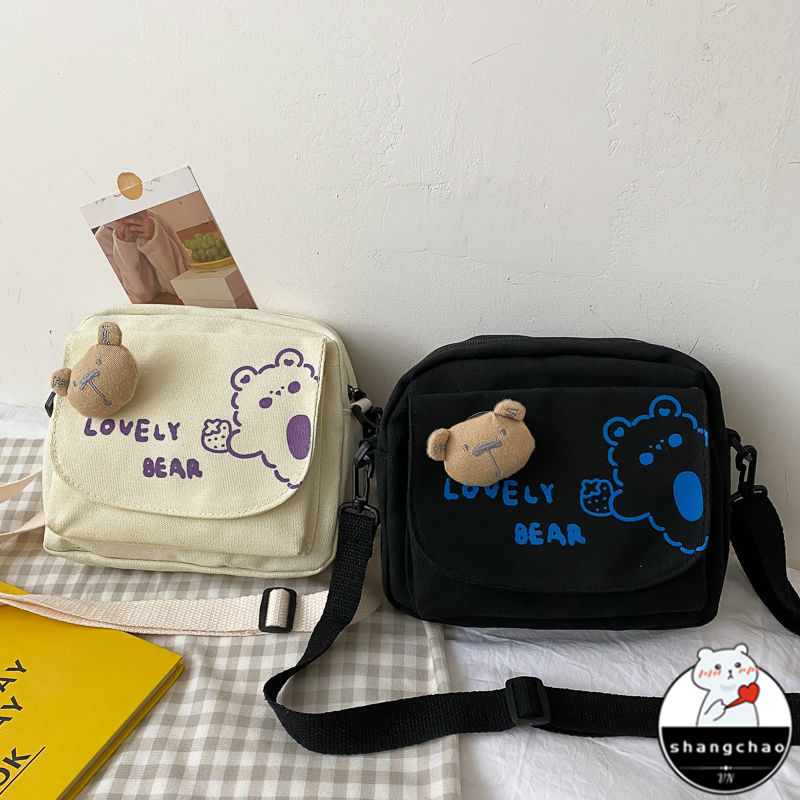 Túi Vải Canvas Mềm Họa Tiết Gấu Dễ Thương Thời Trang Hàn Nhật Phong Cách Harajuku Cổ Điển Cho Nữ