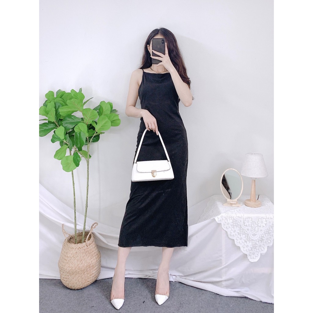 Đầm Hai Dây Hở Lưng , Váy midi 2s body dáng ôm màu đen trơn thiết kế sexy SIÊU XINH | BigBuy360 - bigbuy360.vn