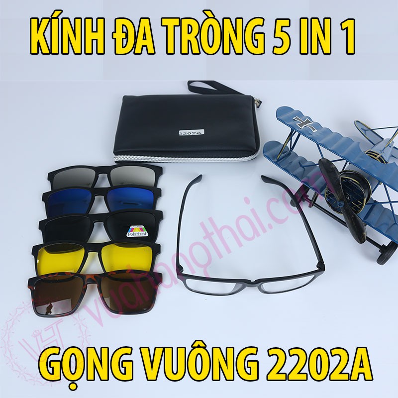 Mắt Kính Đa Tròng 5 in 1 Nam Nữ Gọng Vuông 2202A - Tặng Kèm Túi Da, kính đa năng 5 trong 1kính mắt mắt kính