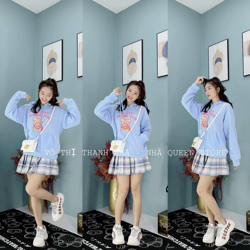 Set hoodie nữ, áo hoodie nữ có nón tông màu xanh trẻ trung kèm chân váy caro xếp ly dễ thương hàng cao cấp Diểm Shop | BigBuy360 - bigbuy360.vn