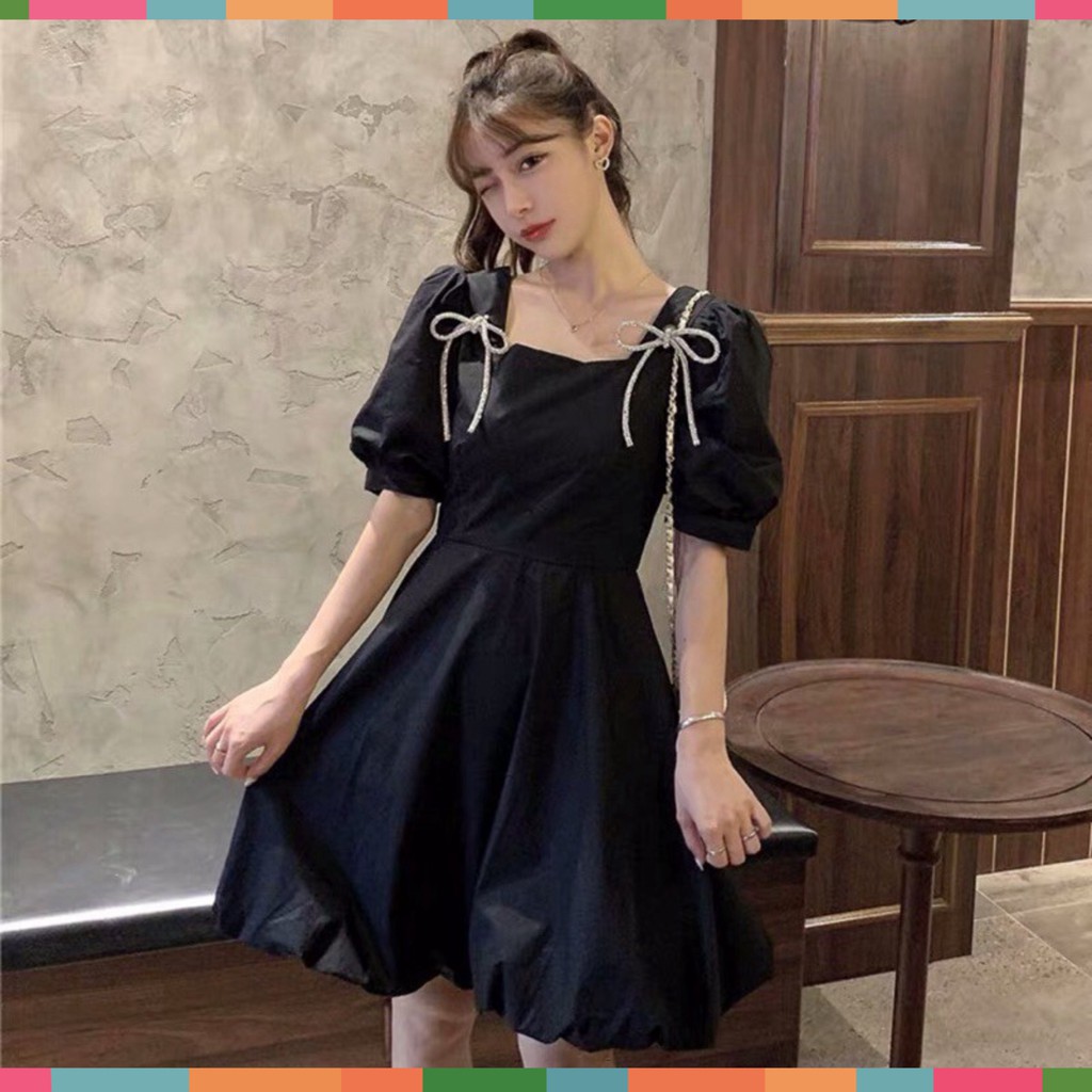 Đầm Nữ Ngắn Tay Bồng Nơ Cài Vai Hai Màu Siêu Xinh Nơ Vai ️🎶 Váy Nữ Dáng Xòe Cổ Vuông Đáng Yêu | BigBuy360 - bigbuy360.vn