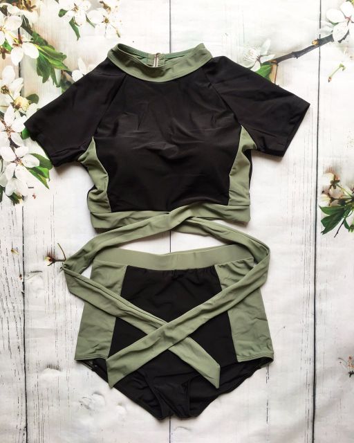 Bikini tay con đen phối xanh ( kèm hình thật)