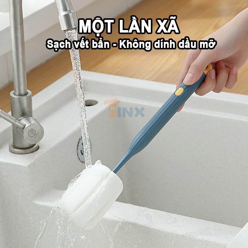 Cọ mút rửa ly cốc đầu bọt biển có tay cầm dài xoay 360 độ - Bàn chảy rửa bình sữa, chai tiện dụng