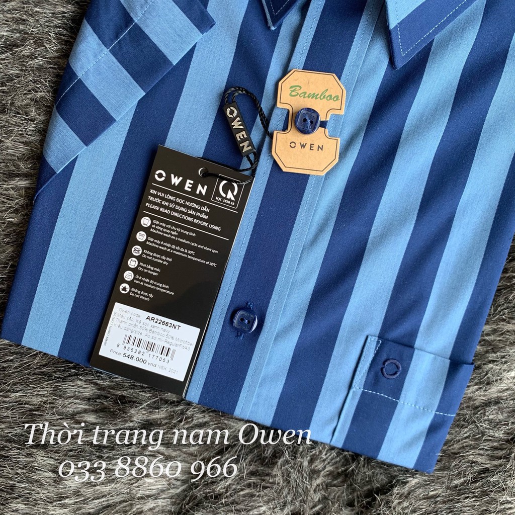 OWEN - Áo sơ mi ngắn tay Owen Regular fit chất sợi tre kẻ sọc xanh 22663 | BigBuy360 - bigbuy360.vn