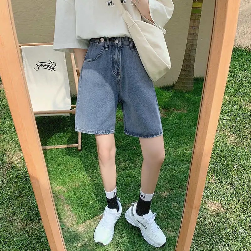 Quần Đùi Jeans Nữ Ống Rộng Màu Xanh, Quần Short Bò Lửng Cạp Cao Chun Có Cúc Điều Chỉnh Hàng Quảng Châu Loại 1 Năng Động