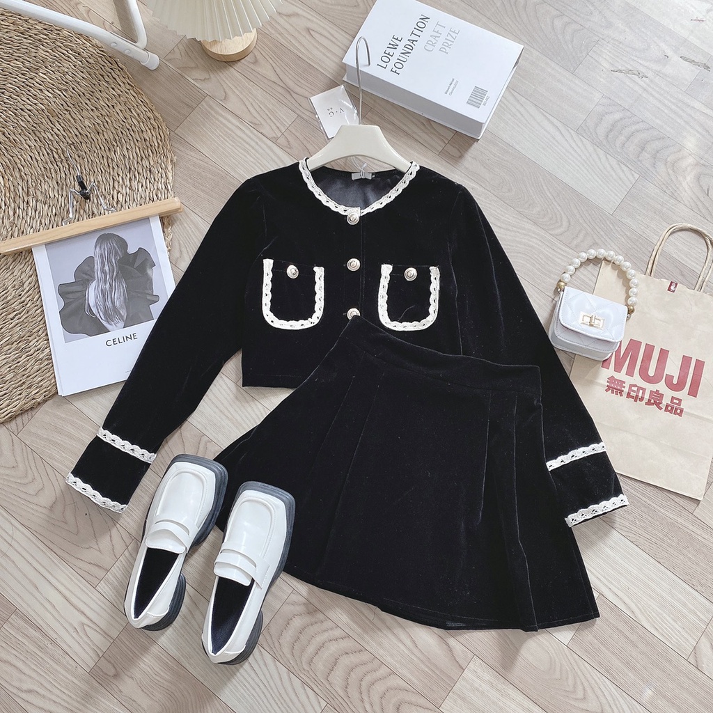 Set áo dạ nhung dài tay mix chân váy nhung