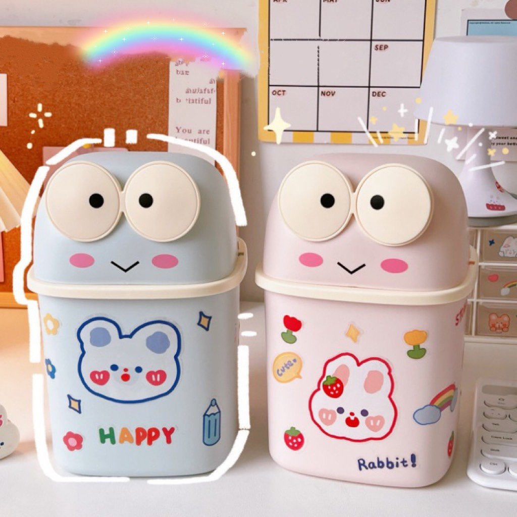 Giỏ đựng rác xinh cỡ lớn chú ếch dễ thương, Ống cắm bút có nắp đậy Tặng Sticker trang trí bàn học bàn làm việc giá rẻ