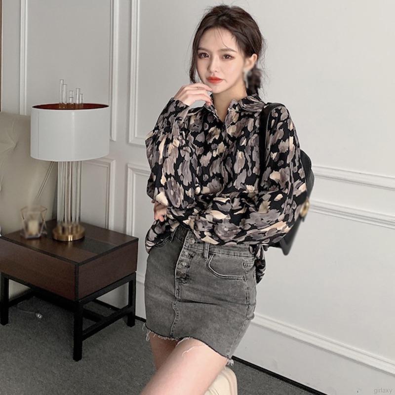 Áo sơ mi tay dài dáng rộng in họa tiết phong cách Hàn Quốc thời trang cho nữ